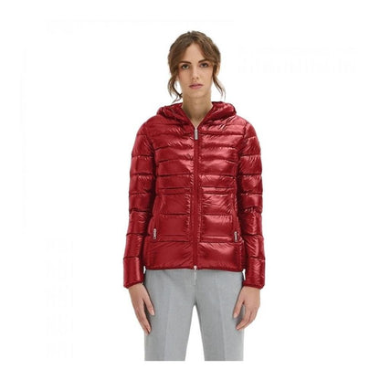 Hooded Puffer Jacket by Centogrammi for women in nylon fabric red showcases a bohemian silhouette, artfully detailed with a bohemian hooded neckline and signature pockets, hooded, insulated & windproof for a truly bohemian finish.