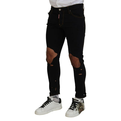 Jeans by Dsquared² for men in stretch cotton black features a polished silhouette with a polished skinny, reaching a polished long and finished with a polished .