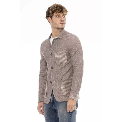 Blazer by Distretto12 for men in stretch poly cotton & linen beige showcases a polished silhouette, highlighted by a refined and polished for a sophisticated finish.