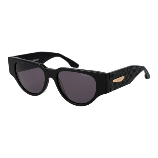 Sunglasses by Trussardi for women in acetate and black featuring an opulent rectangle full-rim frame design with a sophisticated black coloured frame finish and high-performance non-polarized category-3-dark-tint lens.
