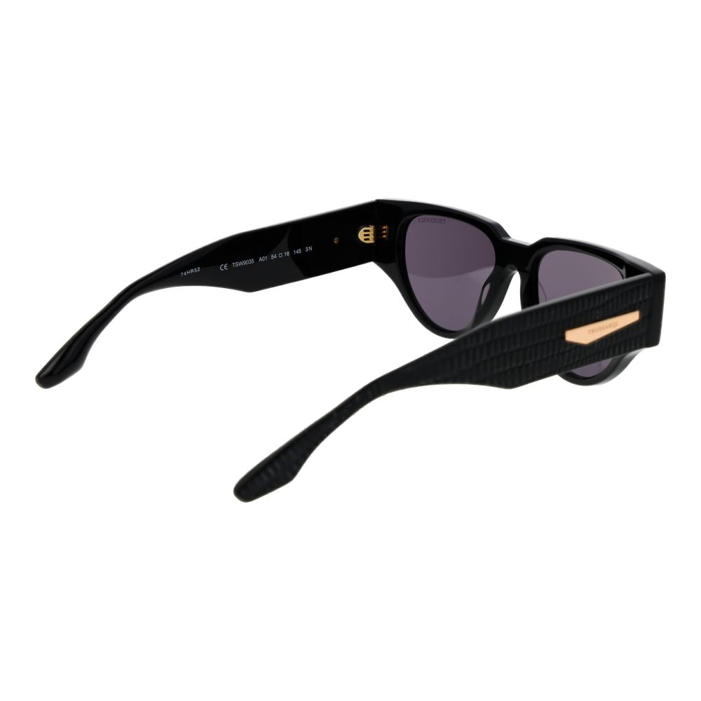 Sunglasses by Trussardi for women in acetate black features a sumptuous silhouette, showcasing a sumptuous rectangle full-rim frame design in black coloured frame with high-performance non-polarized category-3-dark-tint lens.