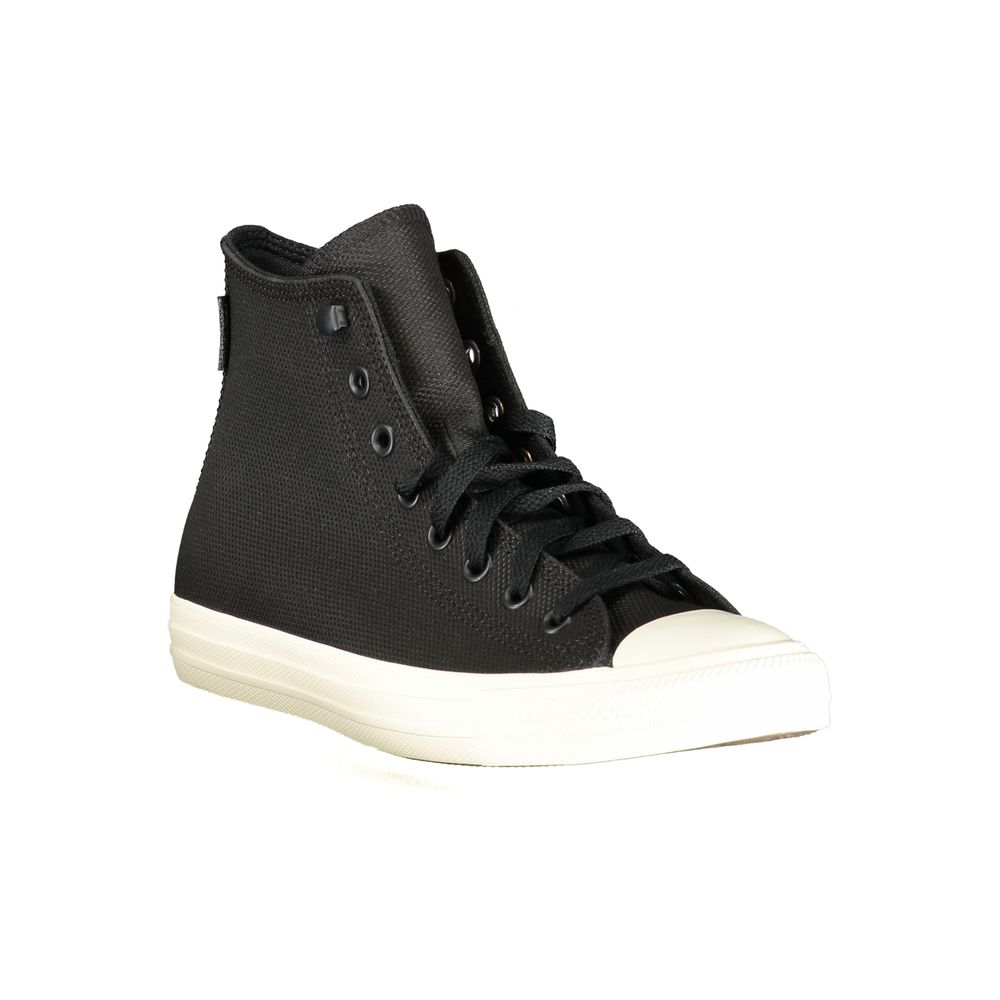 Sneakers by Converse for men in polyester rubber leather black presents a sumptuous silhouette, artfully capturing the essence of the Men's High Top Polyester Rubber Leather Sneakers with its sumptuous high-top style design.