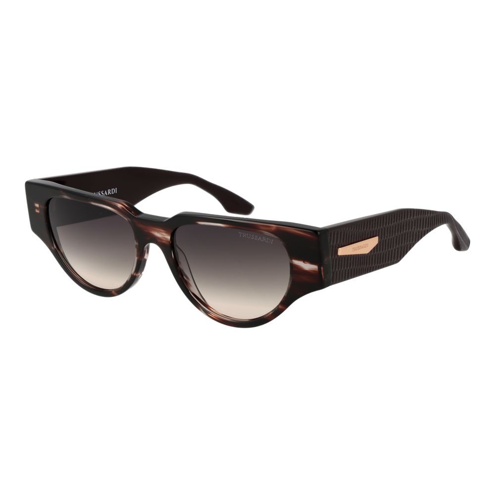 This Sunglasses by Trussardi for women in acetate brown presents a sumptuous silhouette, showcasing a sumptuous rectangle full-rim frame design in brown coloured frame and high-performance gradient category-3-dark-tint lens.