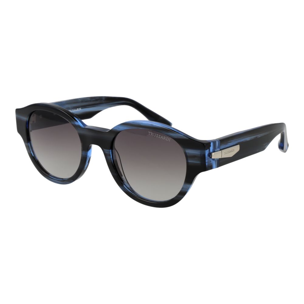 Sunglasses by Trussardi for men in acetate black features an ethereal full-rim round frame design with black coloured frame frames and gradient category-2-medium-tint lens for a ethereal finish.