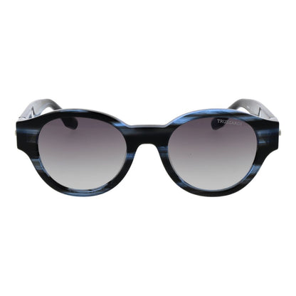 Sunglasses by Trussardi for men in acetate black showcases a ethereal silhouette, featuring black coloured frame full-rim round frame design with gradient category-2-medium-tint lens for a ethereal finish.