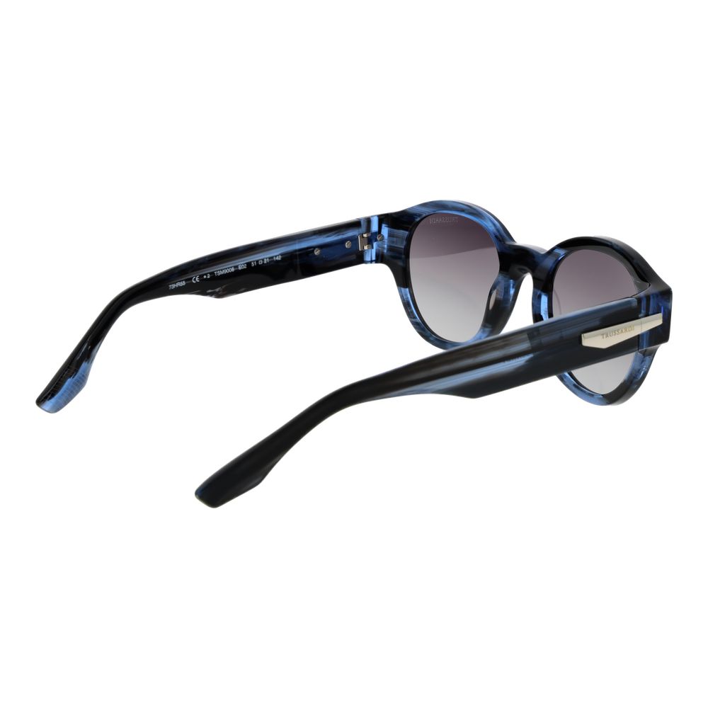 This Sunglasses by Trussardi for men in acetate black presents a sumptuous silhouette, showcasing a sumptuous full-rim round frame design in black coloured frame and high-performance gradient category-2-medium-tint lens.