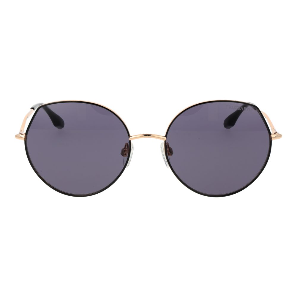 Sunglasses by Trussardi for women in metal and black presents a sumptuous silhouette, featuring black coloured frame and full-rim round frame design with non-polarized category-3-dark-tint lens for a sumptuous look.