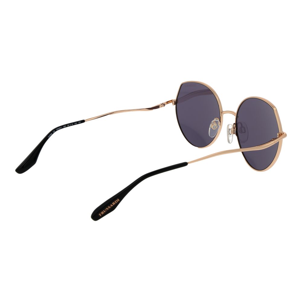 This Sunglasses by Trussardi for women in metal black presents a sumptuous silhouette, showcasing a sumptuous full-rim round frame design in black coloured frame and high-performance non-polarized category-3-dark-tint lens.