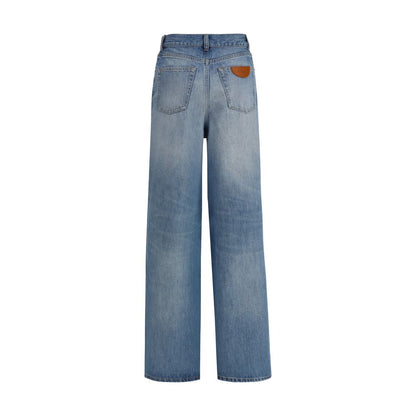 Jeans by Chloé for women in organic denim cotton & leather blue & signature features an sartorial wide & oversized and long with a high rise cut for a sartorial finish.