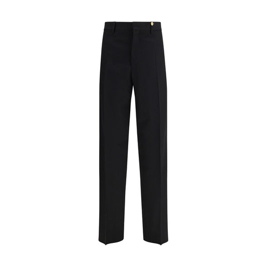Trousers by Versace for men in cupro wool black & jacquard presents a perennial silhouette, meticulously tailored with a regular-fit & slim cut, long finish, and an elegant .
