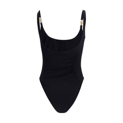 One-Piece Swimsuit by Versace for women in stretch polyamide black, gold, natural & signature features an jaw dropping silhouette, showcasing the jaw dropping Medusa Women's Stretch Polyamide One-Piece Swimsuit design with a sophisticated cut for a jaw dropping finish.