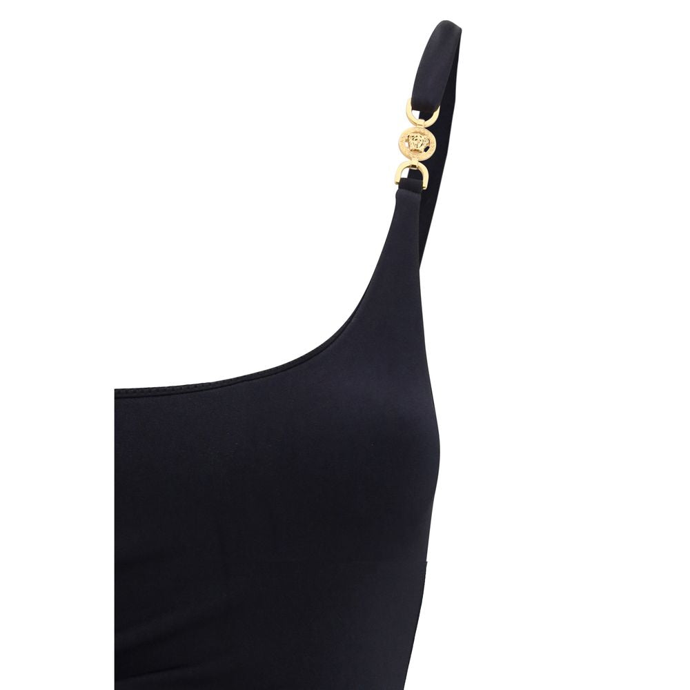 One-Piece Swimsuit by Versace for women in stretch polyamide black, gold, natural & signature showcases a captivating silhouette, artfully capturing the essence of the captivating Medusa Women's Stretch Polyamide One-Piece Swimsuit design for a sophisticated look.