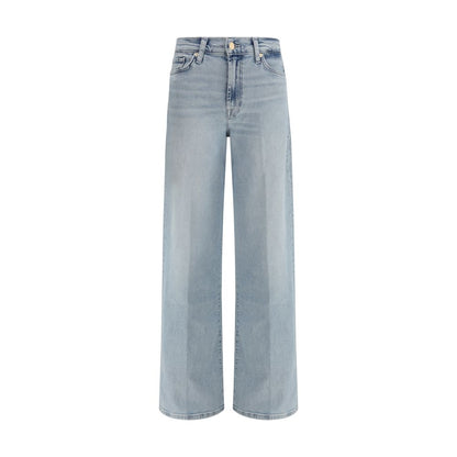 Jeans by 7FOR for women in stretch denim cotton twill light-blue & natural presents a tailored silhouette, showcasing a tailored relaxed-fit, wide & oversized and long cut with a refined for a truly tailored aesthetic.