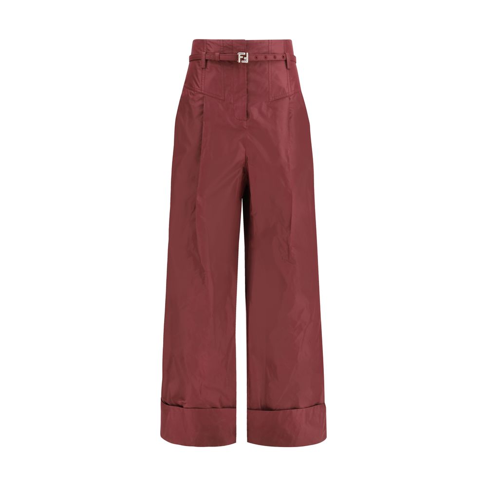 Trousers by Fendi for women in silk & palladium bordeaux, palladium & signature presents a smart silhouette, meticulously detailed with a smart regular-fit & wide, a smart long, and a smart high rise.