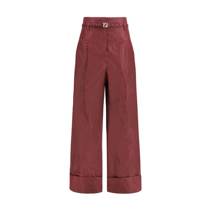 Trousers by Fendi for women in silk & palladium bordeaux, palladium & signature presents a smart silhouette, meticulously detailed with a smart regular-fit & wide, a smart long, and a smart high rise.