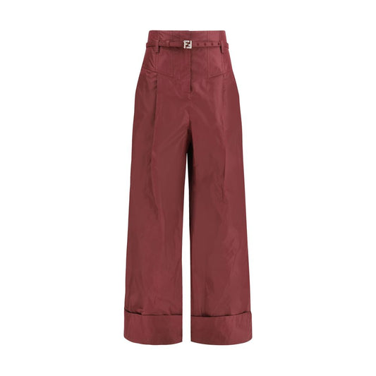 Trousers by Fendi for women in silk & palladium bordeaux, palladium & signature presents a smart silhouette, meticulously detailed with a smart regular-fit & wide, a smart long, and a smart high rise.