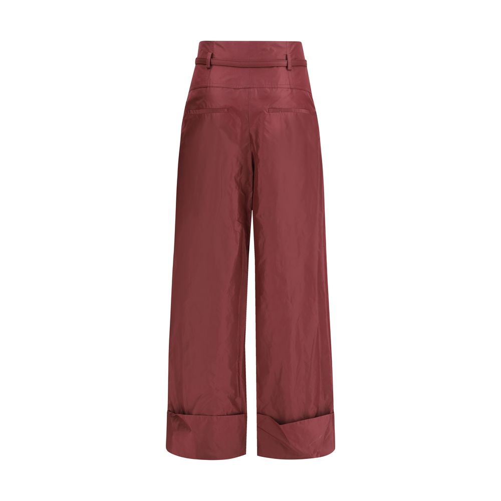 Trousers by Fendi for women in silk & palladium bordeaux, palladium & signature presents a perennial silhouette, meticulously tailored with a regular-fit & wide cut, long finish, and an elegant high rise.