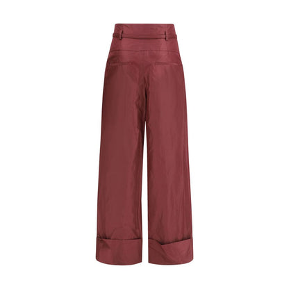 Trousers by Fendi for women in silk & palladium bordeaux, palladium & signature presents a perennial silhouette, meticulously tailored with a regular-fit & wide cut, long finish, and an elegant high rise.
