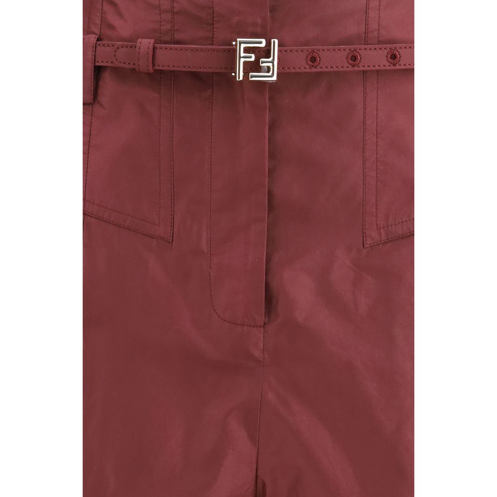 Trousers by Fendi for women in silk & palladium bordeaux, palladium & signature features a sculptural silhouette, showcasing a sculptural regular-fit & wide and long with a sophisticated high rise for a sculptural finish.