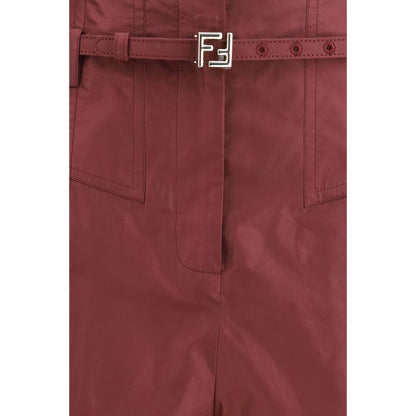 Trousers by Fendi for women in silk & palladium bordeaux, palladium & signature features a sculptural silhouette, showcasing a sculptural regular-fit & wide and long with a sophisticated high rise for a sculptural finish.