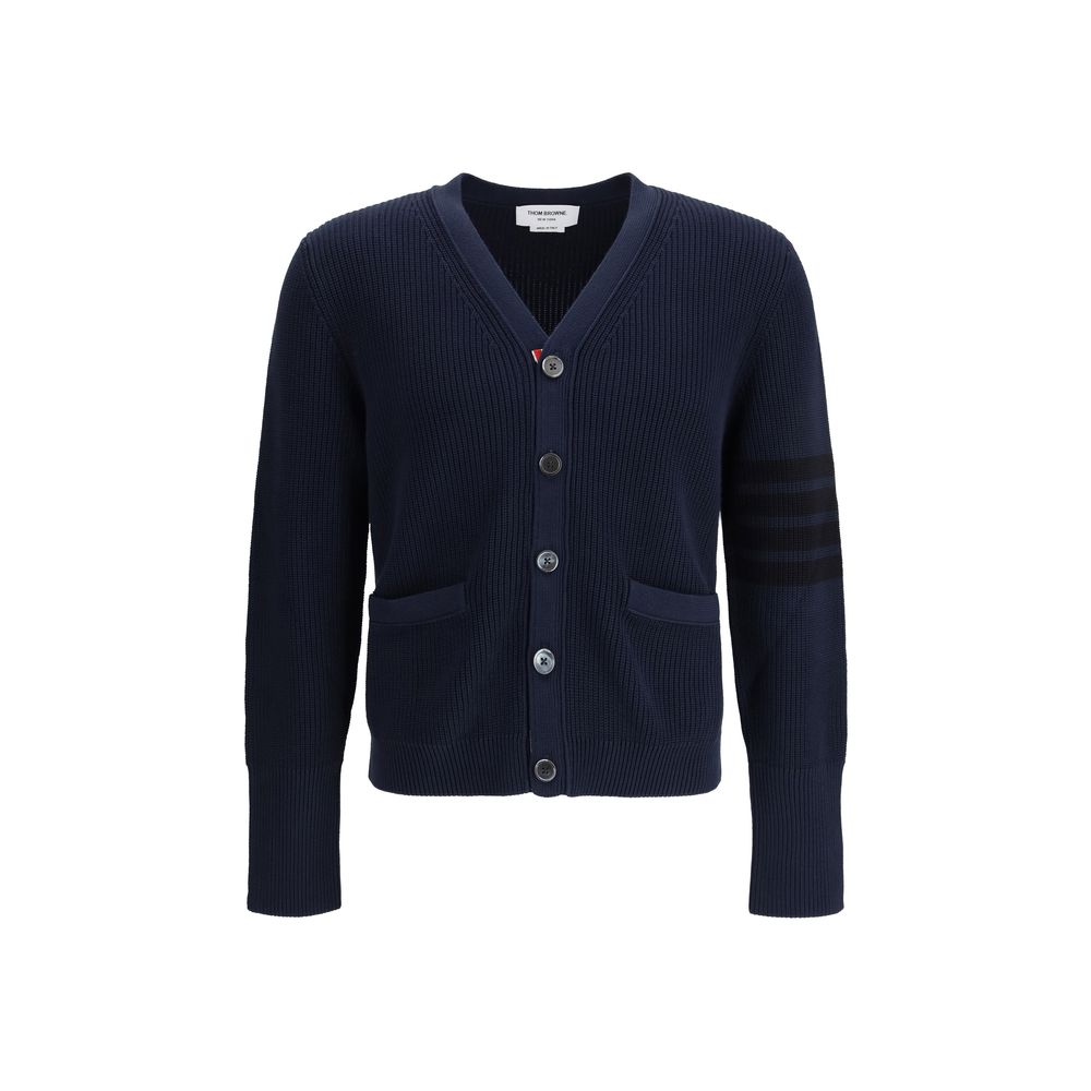Cardigan by Thom Browne for men in cotton blue, signature & striped features a nuanced silhouette with a refined v-neck neckline and nuanced detailing for a sophisticated look.