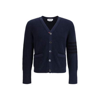 Cardigan by Thom Browne for men in cotton blue, signature & striped features a nuanced silhouette with a refined v-neck neckline and nuanced detailing for a sophisticated look.