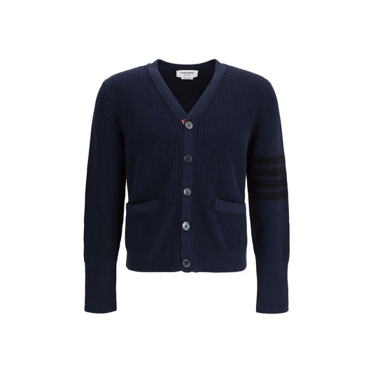 Cardigan by Thom Browne for men in cotton blue, signature & striped features a nuanced silhouette with a refined v-neck neckline and nuanced detailing for a sophisticated look.