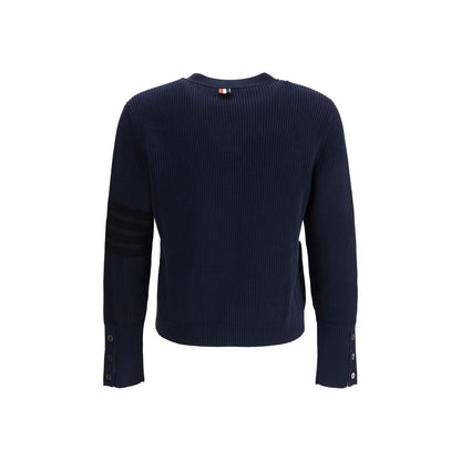 Cardigan by Thom Browne for men in cotton blue, signature & striped presents a textural silhouette, artfully finished with a textural v-neck neckline and for a sophisticated, textural look.