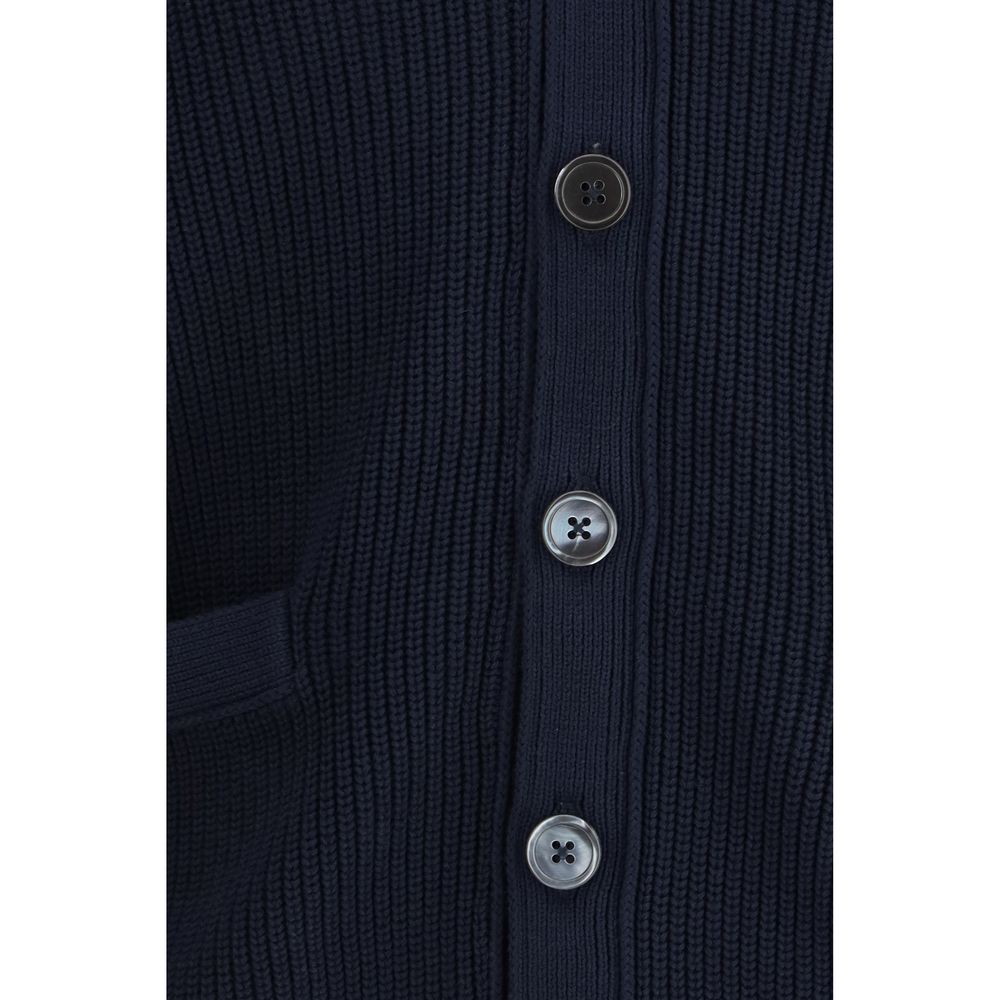 Cardigan by Thom Browne for men in cotton blue, signature & striped showcases a captivating silhouette, artfully detailed with a captivating and for a truly sophisticated captivating look.