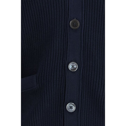 Cardigan by Thom Browne for men in cotton blue, signature & striped showcases a captivating silhouette, artfully detailed with a captivating and for a truly sophisticated captivating look.