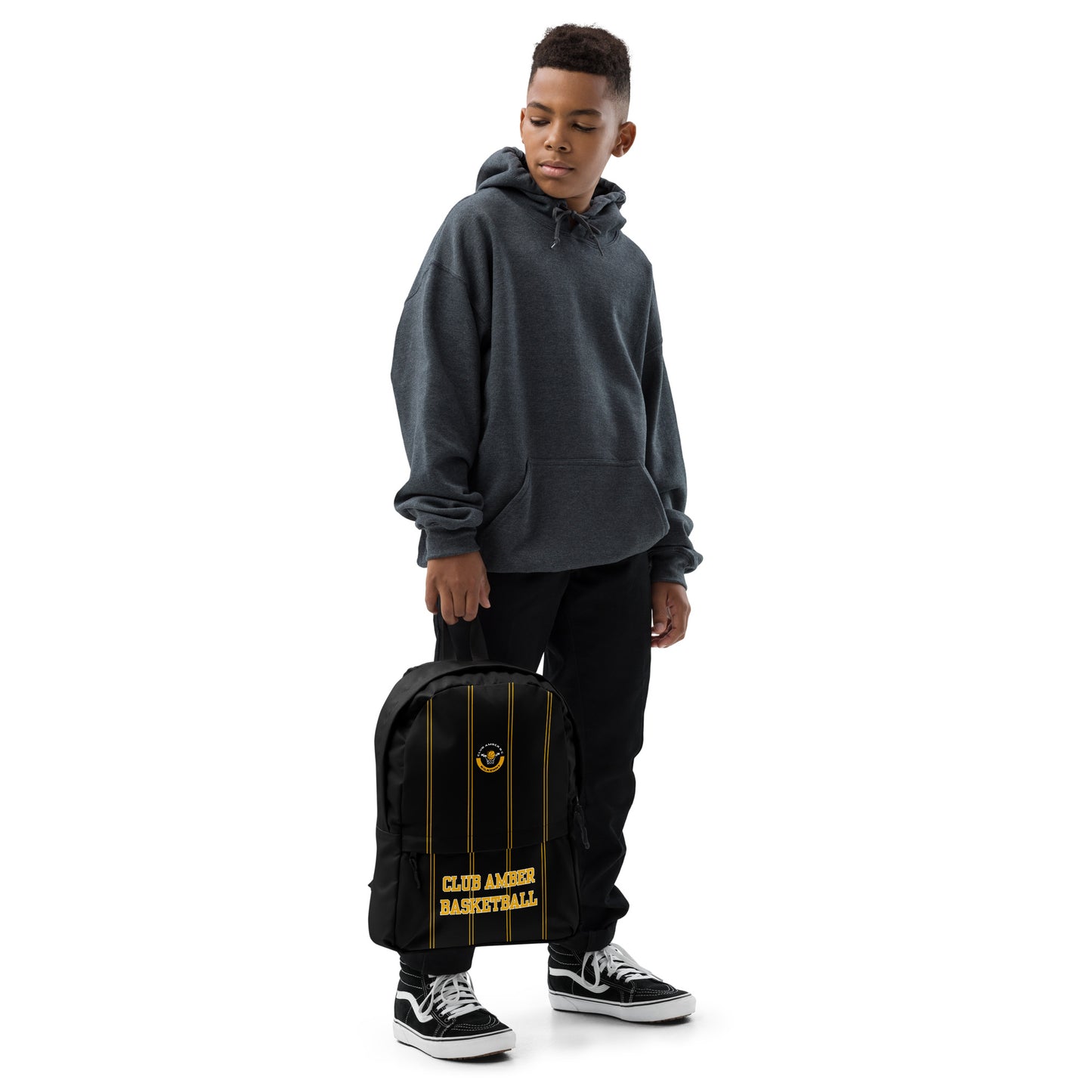 Medium Travel Backpack by Moon Behind The Hill for unisex in polyester & mesh amber & black showcases an architectural Polyester & Mesh Medium Travel Backpack design, featuring a secure zipper, ample built-in-compartments, external-pockets, internal-pockets & laptop-compartment, and architectural backpack-strap for a sophisticated look.