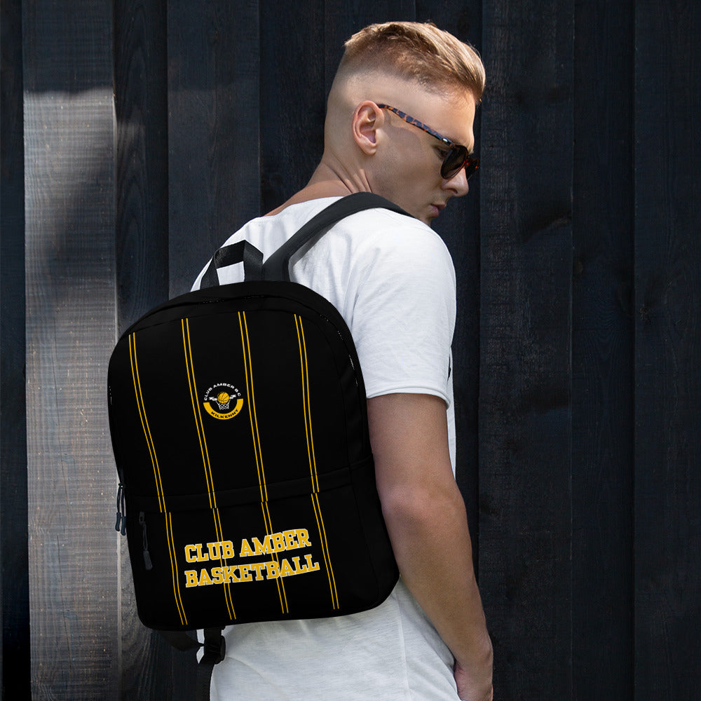 Medium Travel Backpack by Moon Behind The Hill for unisex in polyester & mesh amber & black showcases a stately Polyester & Mesh Medium Travel Backpack design, featuring a secure zipper with stately built-in-compartments, external-pockets, internal-pockets & laptop-compartment and versatile backpack-strap.