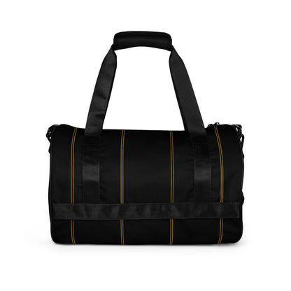Gym Duffel Bag by Moon Behind The Hill for men in polyester amber, black & print presents a refined Polyester Gym Duffel Bag design, showcasing a secure and refined internal-pockets with versatile shoulder-strap, detachable-strap & handle.