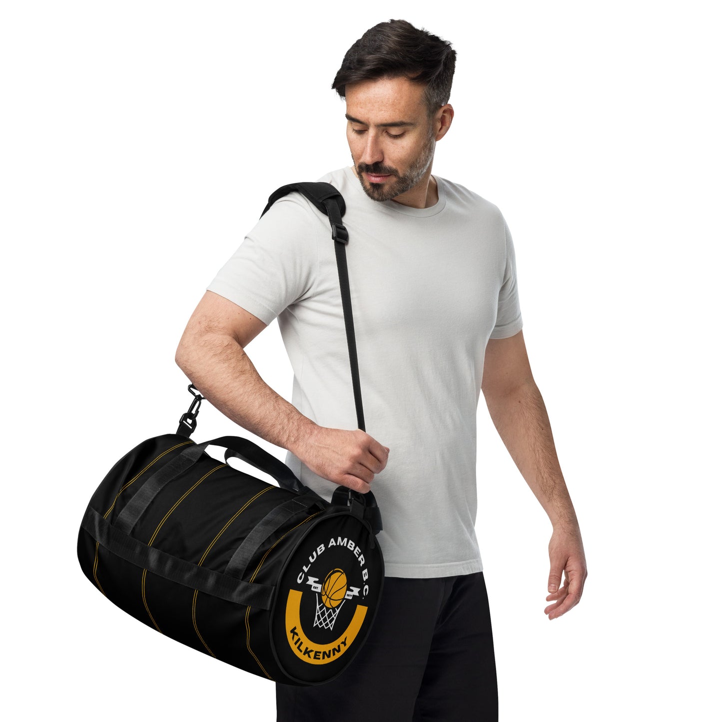 Gym Duffel Bag by Moon Behind The Hill for men in polyester amber, black & print features an refined Polyester Gym Duffel Bag design with a secure , refined internal-pockets, and versatile shoulder-strap, detachable-strap & handle for a refined finish.