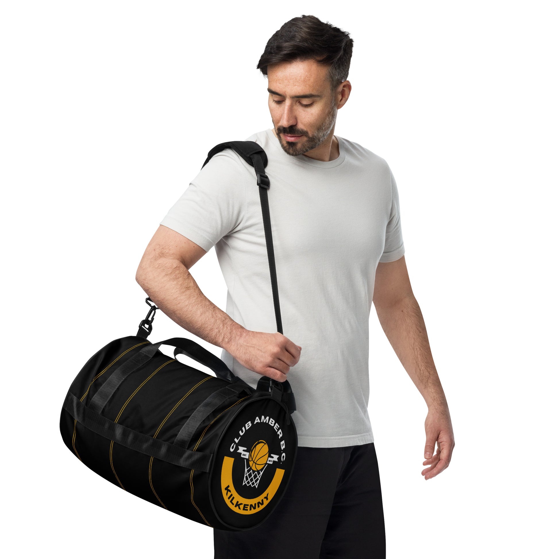 Gym Duffel Bag by Moon Behind The Hill for men in polyester amber, black & print features an refined Polyester Gym Duffel Bag design with a secure , refined internal-pockets, and versatile shoulder-strap, detachable-strap & handle for a refined finish.