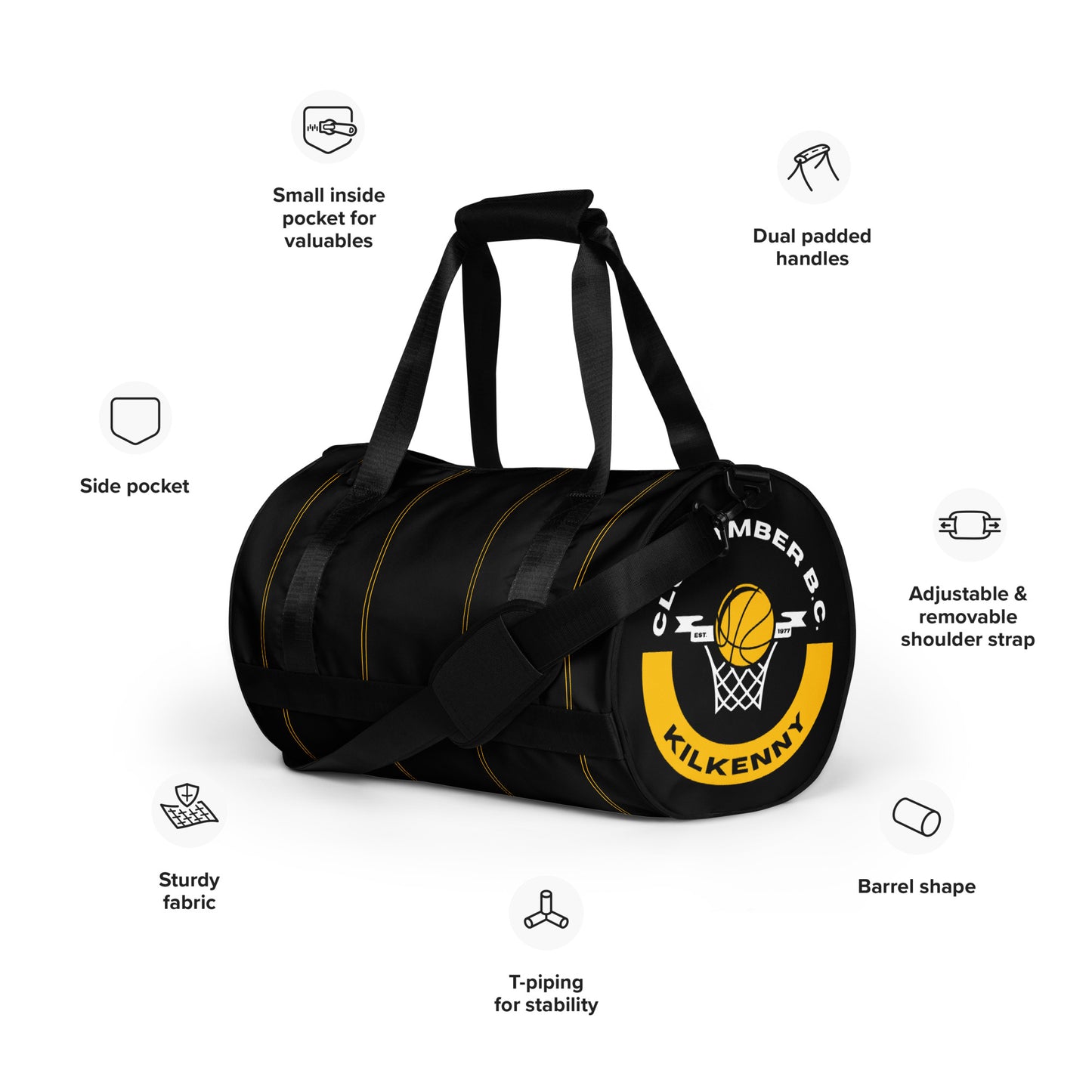 Gym Duffel Bag by Moon Behind The Hill for men in polyester amber, black & print presents a refined Polyester Gym Duffel Bag design, featuring a secure and refined internal-pockets with versatile shoulder-strap, detachable-strap & handle.