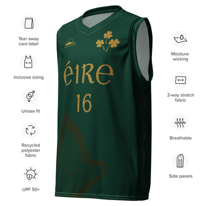 Éire #16 Green Recycled Unisex Basketball Jersey - Designed by Moon Behind The Hill Available to Buy at a Discounted Price on Moon Behind The Hill Online Designer Discount Store
