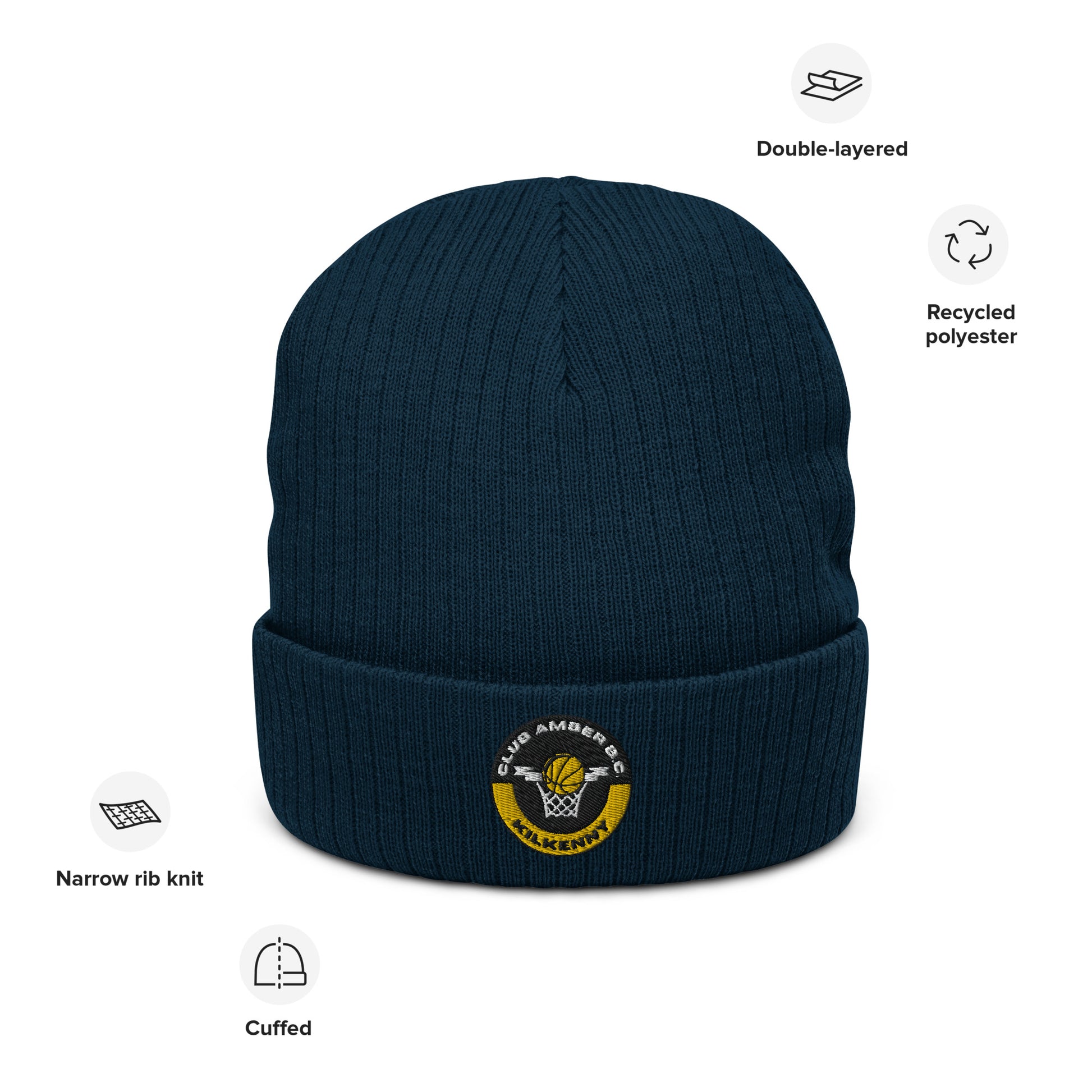Club Amber Basketball Kilkenny Ribbed Knit Beanie Hat - Designed by Moon Behind The Hill Available to Buy at a Discounted Price on Moon Behind The Hill Online Designer Discount Store