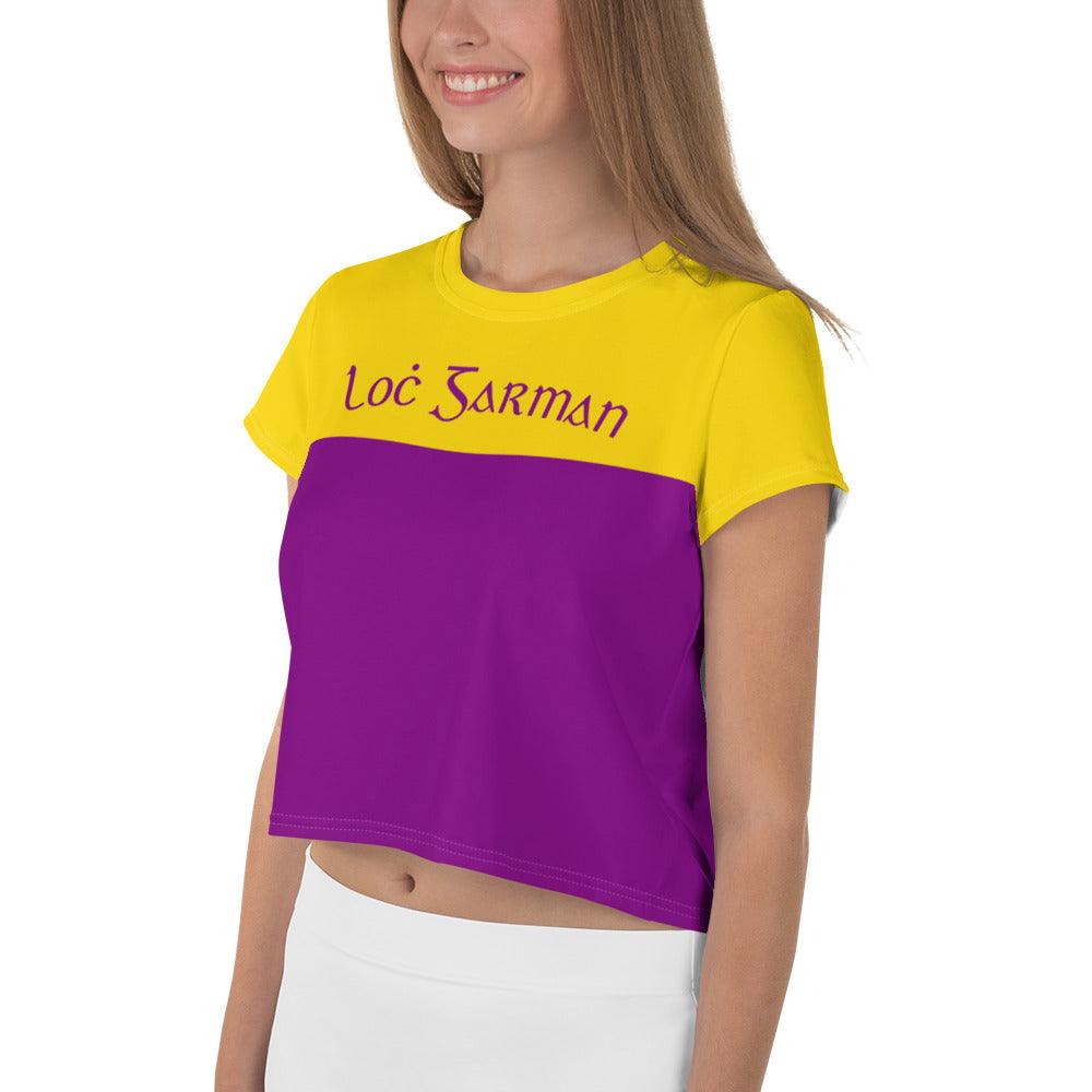 Women's Loċ Garman 1950s Retro Wexford Supporters Print Crop Tee designed by Moon Behind The Hill available from Moon Behind The Hill's Women's Clothing range