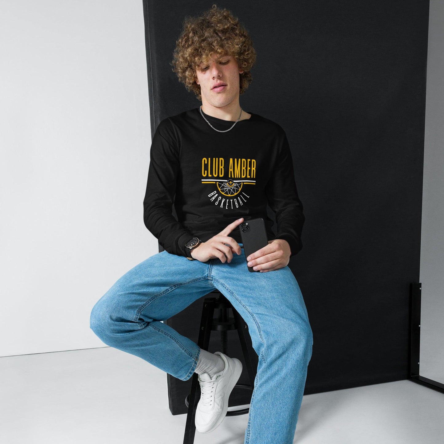 Club Amber Basketball Unisex Long Sleeve Tee - Designed by Moon Behind The Hill Available to Buy at a Discounted Price on Moon Behind The Hill Online Designer Discount Store