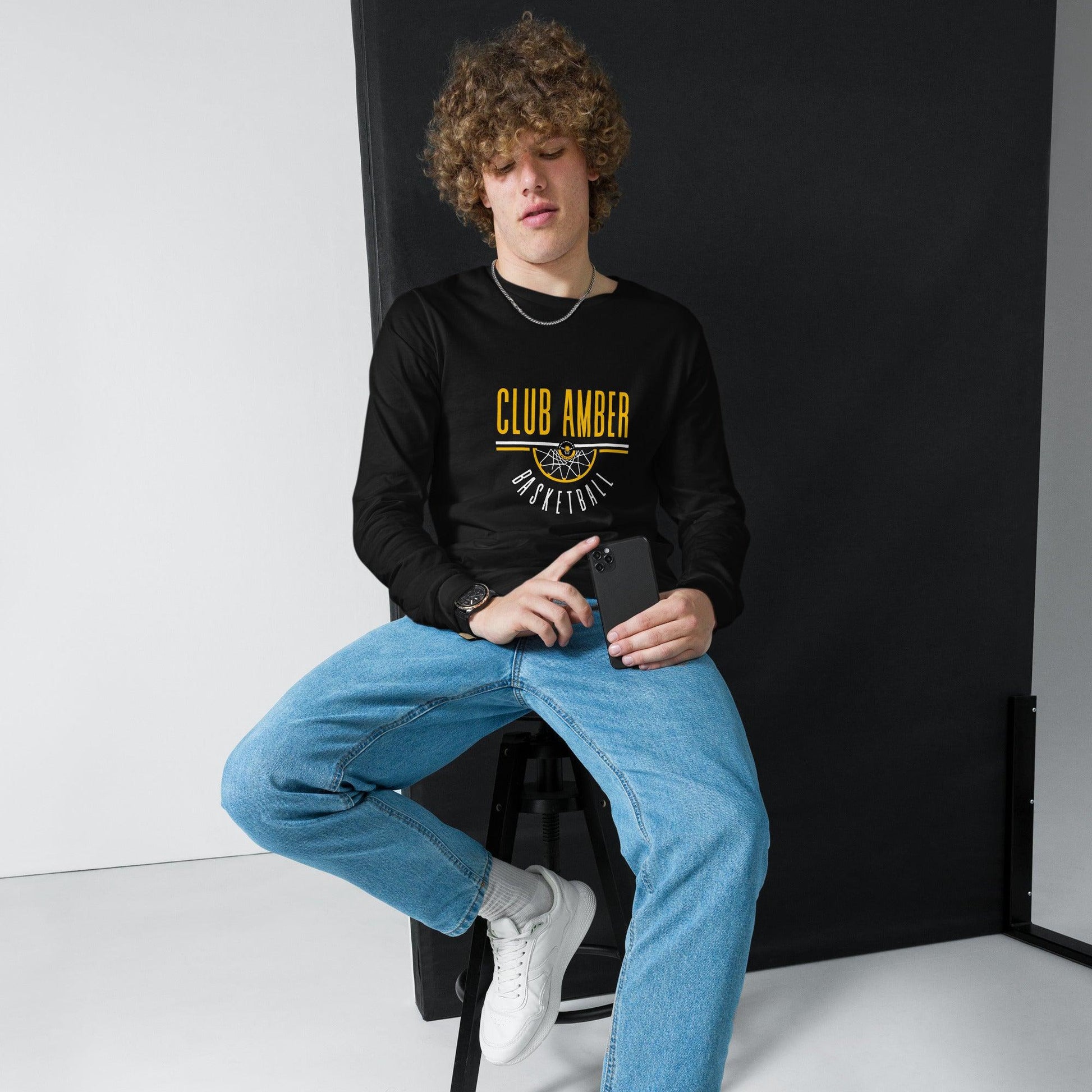 Club Amber Basketball Unisex Long Sleeve Tee - Designed by Moon Behind The Hill Available to Buy at a Discounted Price on Moon Behind The Hill Online Designer Discount Store